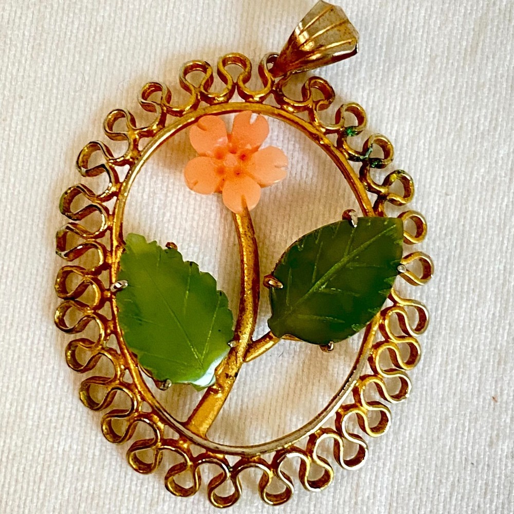 💎Picture Flower Pendant 3D Gold Tone Metal Green Pink Enamel